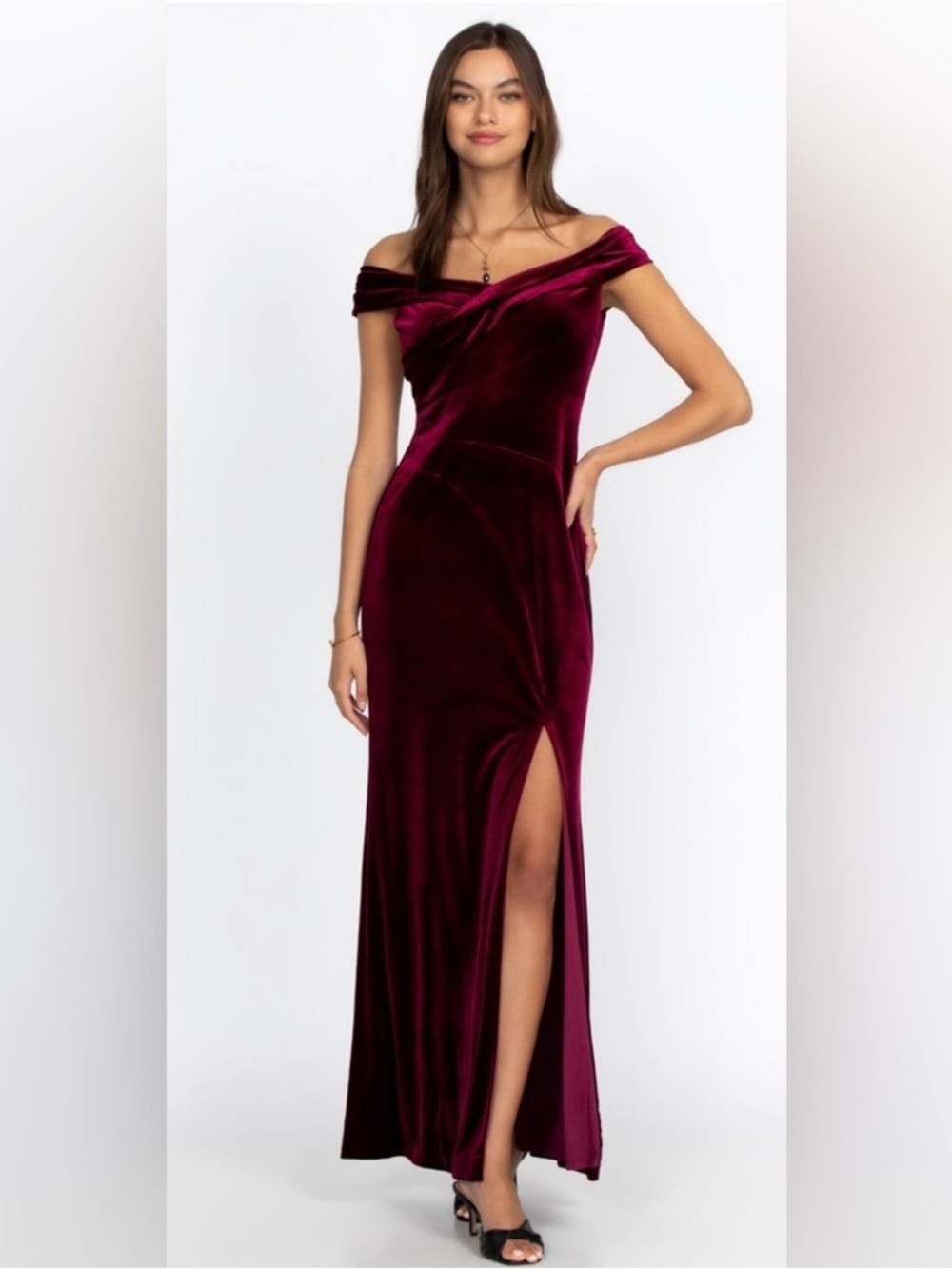 Johnny Was Off The Shoulder Velvet Gown in Deep Burgundy